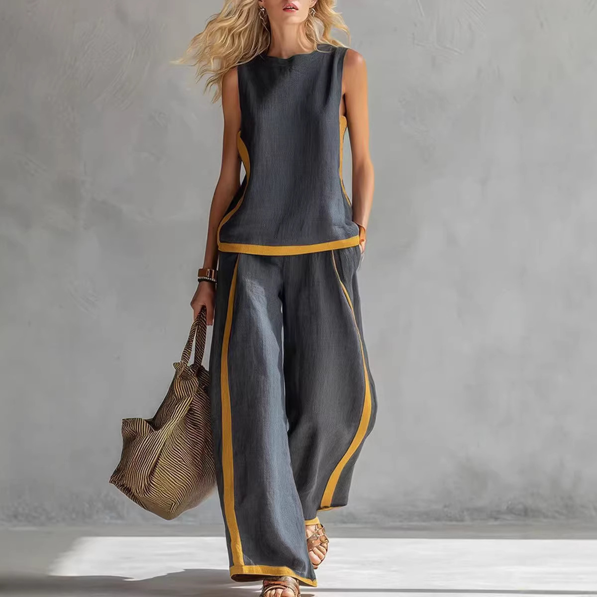 Winter Clothing Sale - Damen Leinen 2-Teiliges Set Farbblock Ärmelloses