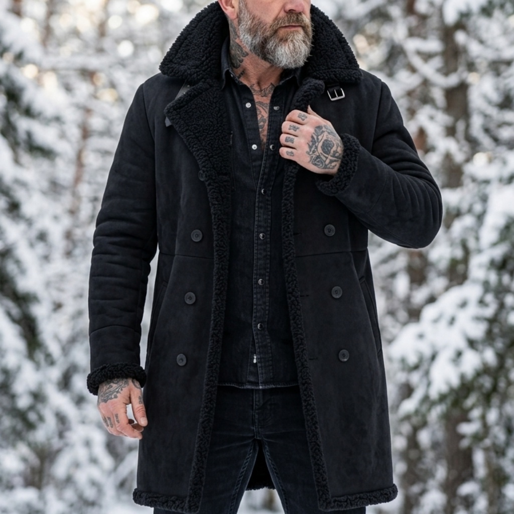 Winter Clothing Hiking - Herren Kunstwildleder Pelzgefütterte Winterjacke Winddichter Doppelreihiger